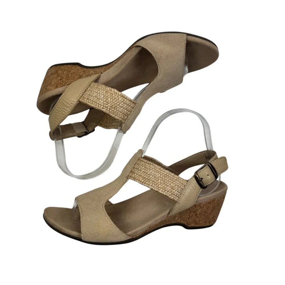 Vionic Kaytie Natural Raffia/Woven Cork Wedge Comfort Sandals Women's Size 7